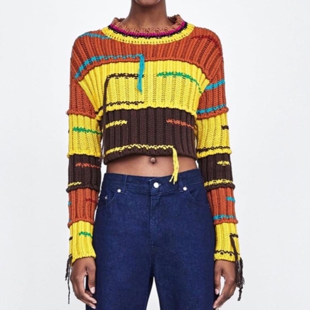 ZARA Chunky Knit Crochet Boho Striped‎ Fringe Cropped Sweater Pullover Medium